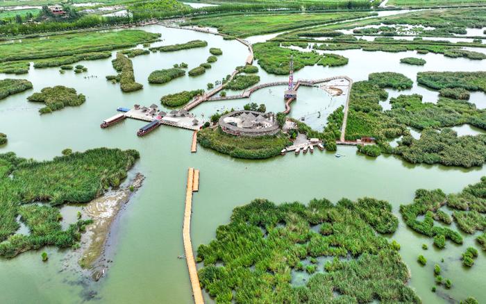   宁夏石嘴山市沙湖景区风光（2024年8月6日摄，无人机照片）。新华社记者 冯开华 摄