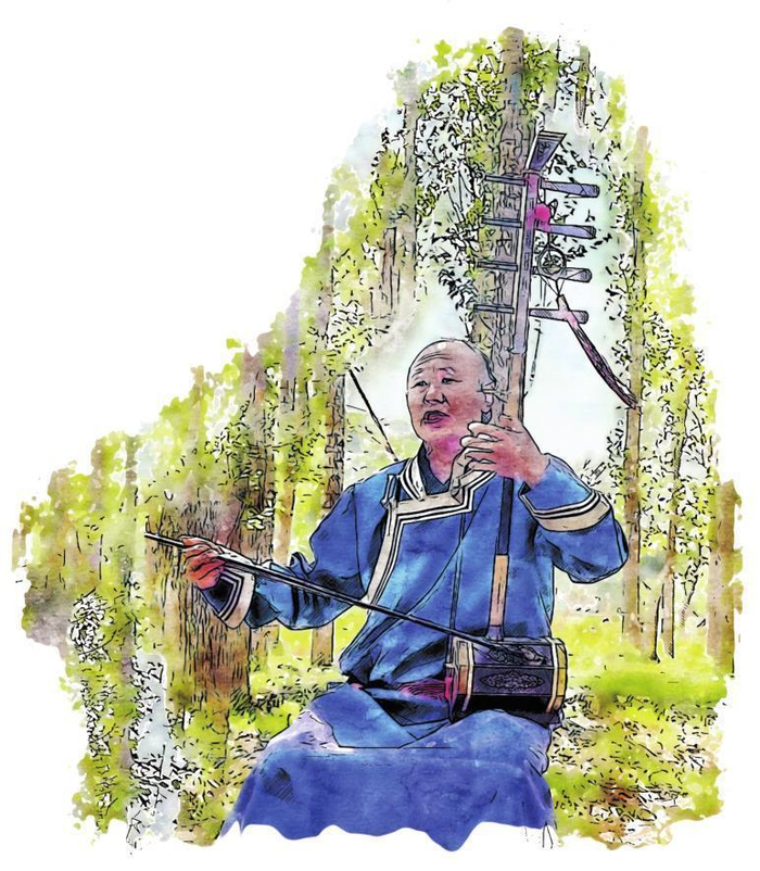         国家级非遗代表性项目乌力格尔国家级代表性传承人杨铁龙拉起胡尔，浑厚深沉的嗓音随着琴声飘扬在绿林中。        制图 隋文锋    