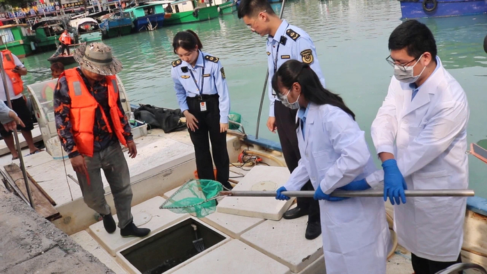 执法人员和检测人员登船对渔获取样快检。
