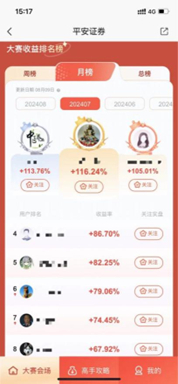 数据来源：平安证券实盘大赛7月月榜数据。选手个人收益不代表其他人收益，平安证券不承诺任何收益及分担损失。