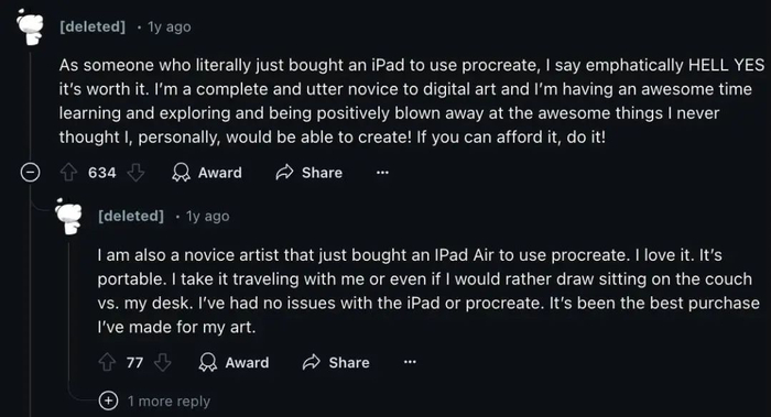 Reddit 上回答「是否应该为了 Procreate 而购买 iPad」的帖子