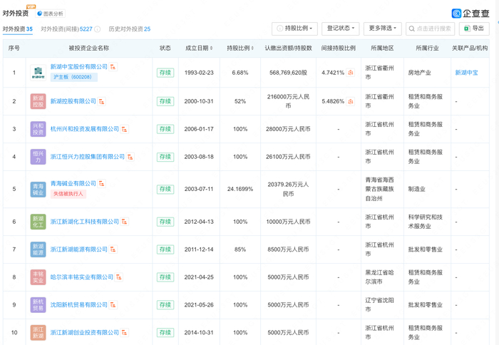 新湖集团部分投资概况，数据来源：企查查