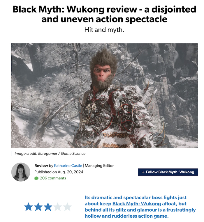 有海外游戏媒体给《黑神话：悟空》打三星｜图片来源：Eurogamer
