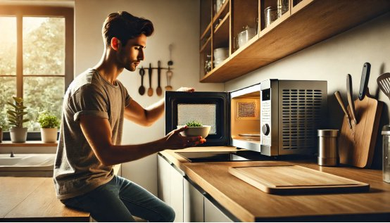 使用微波炉加热食品（来源：作者 AI 生成）