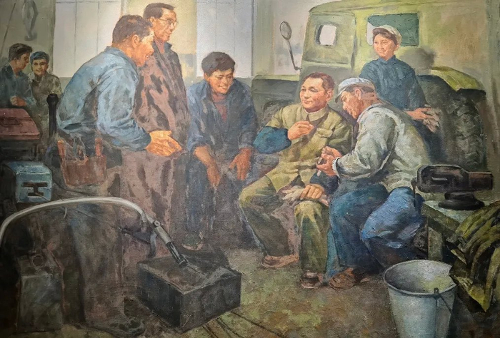 油画《邓小平和工人们在一起》。 章仁缘/绘