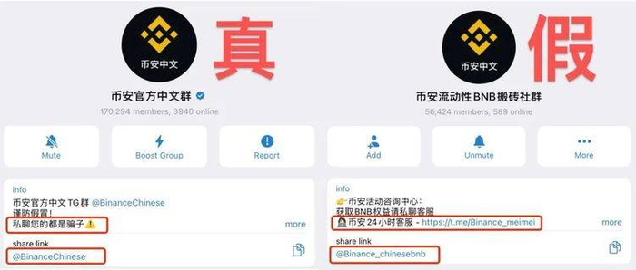 左图为币安官方中文社群，右图为假冒