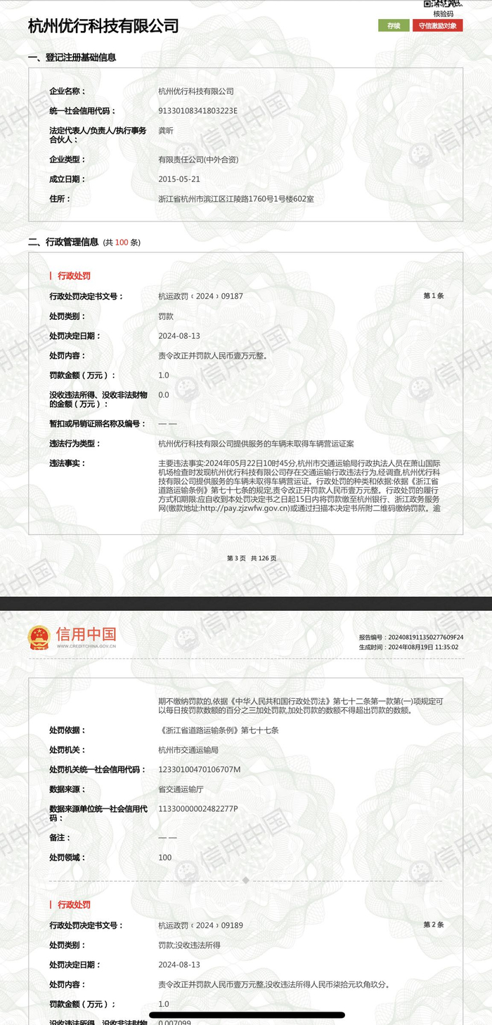 杭州优行科技有限公司相关处罚信息。资料图片