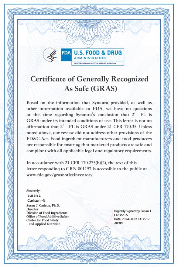 图: 2’-FL（2’-岩藻糖基乳糖）获美国FDA GRAS 认证