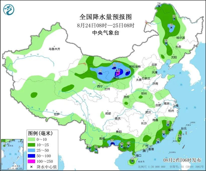 图3 全国降水量预报图（8月24日08时-25日08时）
