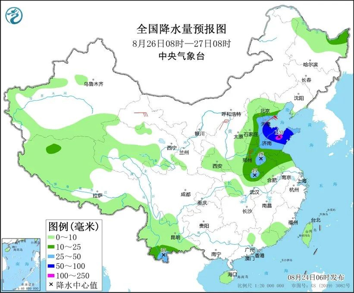 图5 全国降水量预报图（8月26日08时-27日08时）