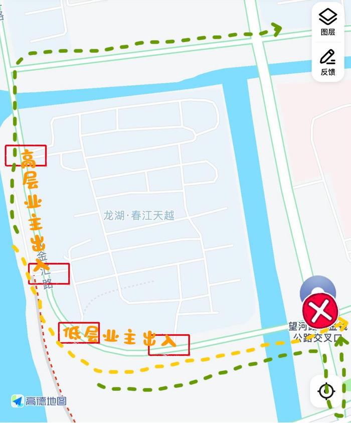 △居民们本可通过黄色路线通过金钱公路，现只能通过绿色路线绕行。