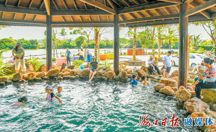 家长带孩子在龙华区新坡镇潭丰洋火山湿地农庄泡冷泉。海口日报融媒体记者 康登淋 摄