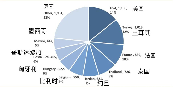 2020年国际医疗游客花费最多的目的地。数据来源：