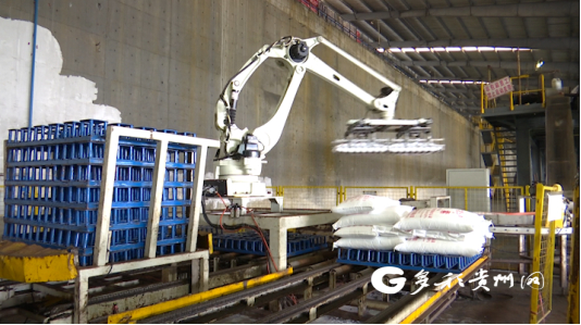 桐梓化工成品车间，机器正自动码垛