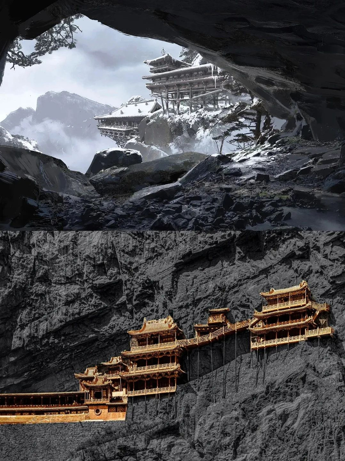 　　△上为《黑神话：悟空》场景，下为大同悬空寺。