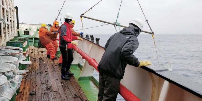 2020年，张吉昌和另一名国家科学观察员在南极磷虾渔船上开展调查。受访者供图