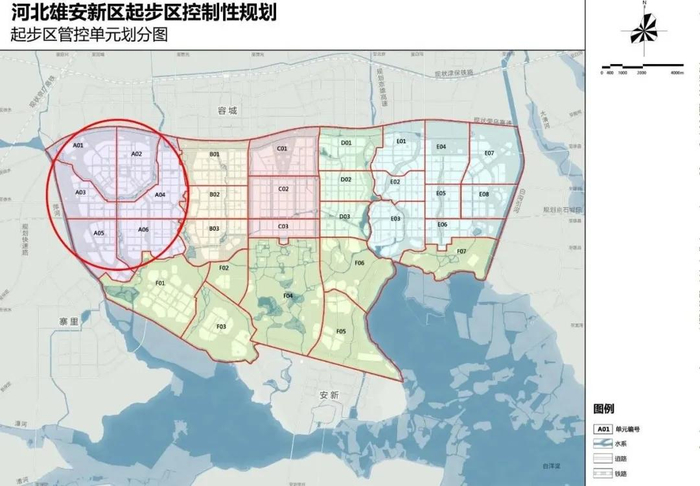 雄安新区第一组团（左侧红圈）大致位置示意图。