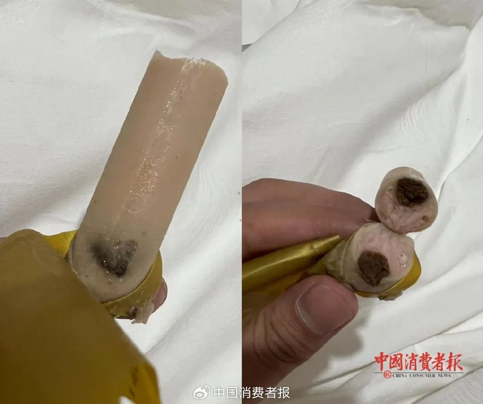 苏先生购买的火腿肠内有明显异物。消费者供图