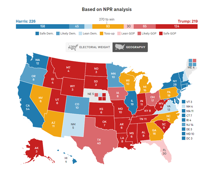 注：蓝色系为支持哈里斯，红色系为支持特朗普，黄色为中立州或摇摆州