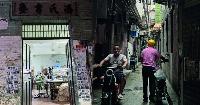 左图：康鹭片区的一家制衣作坊。 右图：康鹭片区城中村的“一线天”。 本版摄影/本刊记者 杨智杰
