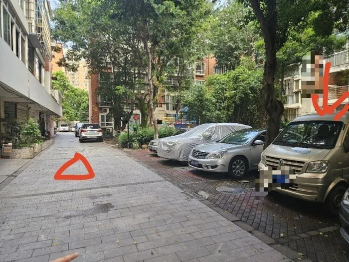 箭头所指为当时张某停车位置，三角形位置为女童所蹲位置。上游新闻记者 沈度 摄