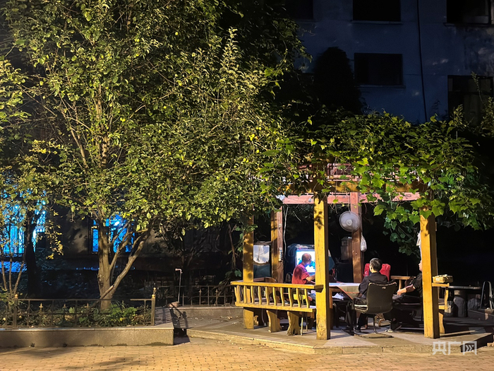 夏末夜晚，街坊邻居在小院凉亭里看电视、聊家常（记者韩雪莹  摄）