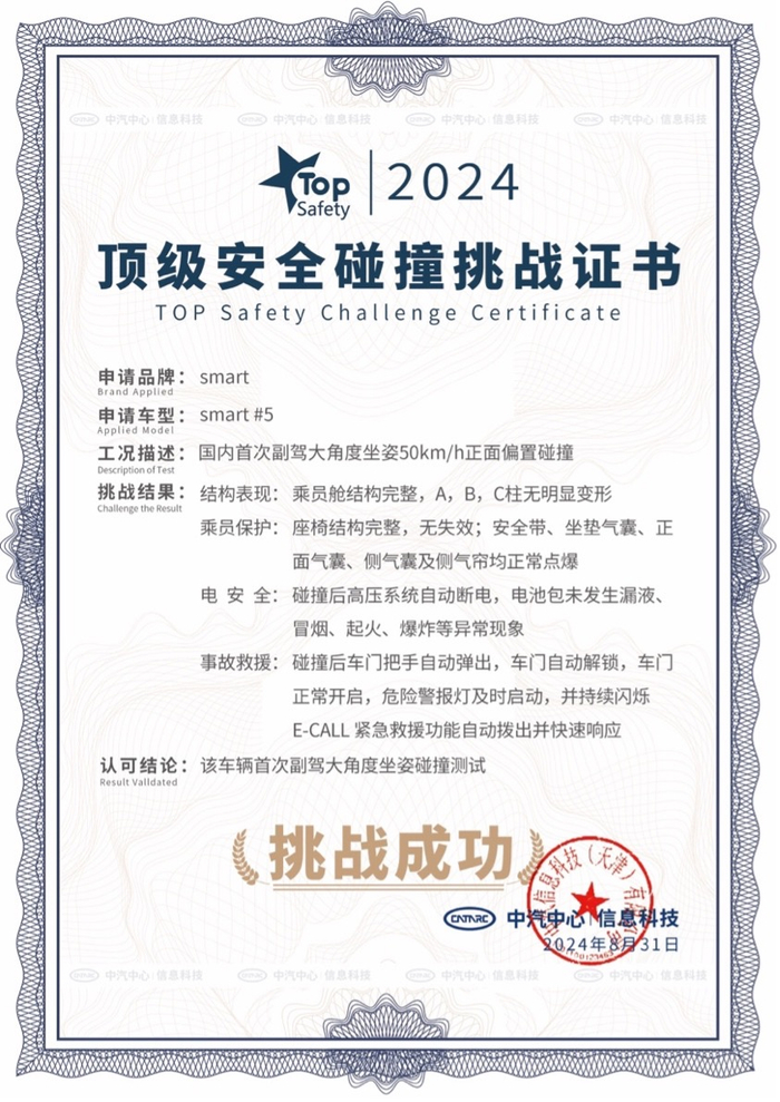 行业首个通过集成安全保护系统前排零重力座椅碰撞试验的车辆