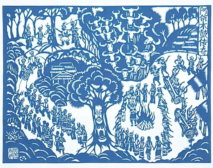 ▲ 何霞剪纸作品《阿佤木鼓传奇》。