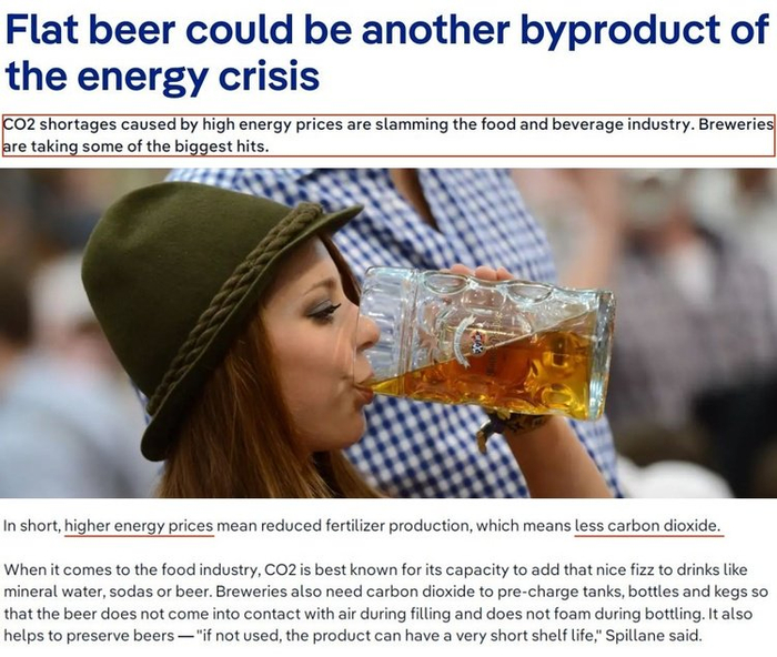 △“德国之声”网站：高能源价格导致的二氧化碳短缺重创了食品和饮料行业，啤酒厂受到的冲击最大。