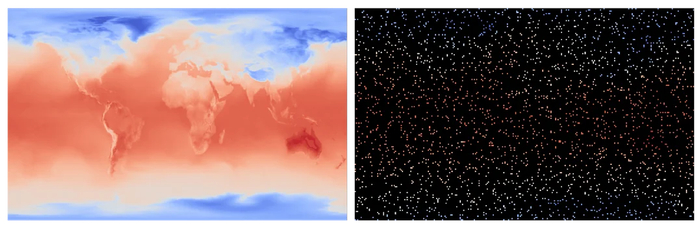 图示：该模型能够从右侧 95％ 地图被涂黑的输入中输出左侧的全球地表温度地图。(来源：IBM）