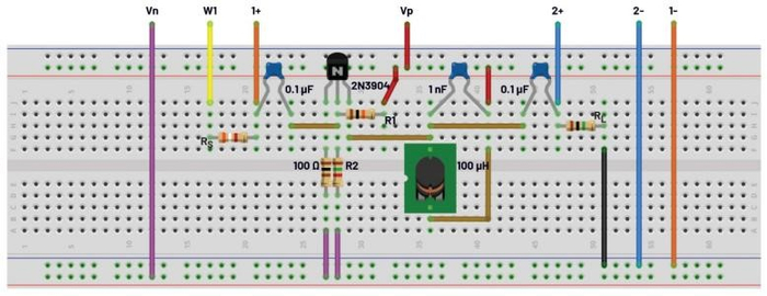 图3.共发射极调谐放大器试验板连接。