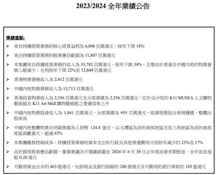 来源：新世界发展2024财年业绩报告