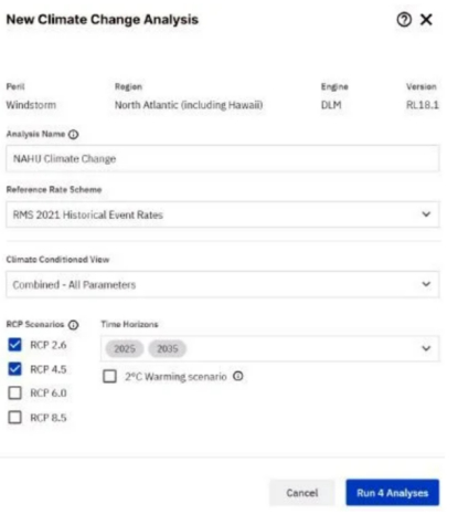 图3 RMS气候风险模型应用程序的屏幕截图，显示了用于生成当前和未来气候情景分析的设置8