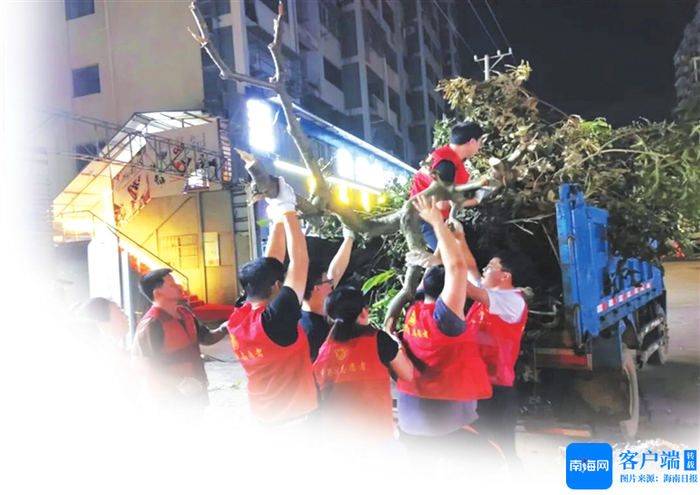 社区干部、志愿者清理路边的树干。图片来源：海南日报