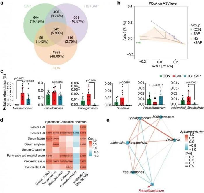 图2. 甘露特钠调节SAP中肠道微生物丰富度和群落结构（图源：NatureCommunications）