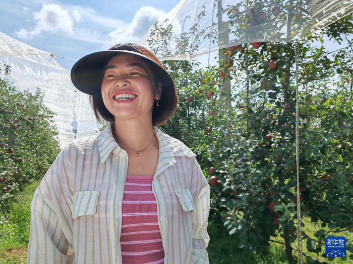 9月29日，村民陈开秀在超越苹果种植基地介绍工作情况。新华社记者 林碧锋 摄