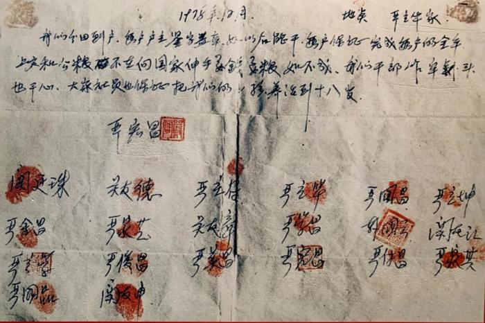 图片1978年冬，18位小岗村农民按下红手印的“大包干”契约。2019年3月14日，翻拍于大包干纪念馆。韩苏原 摄