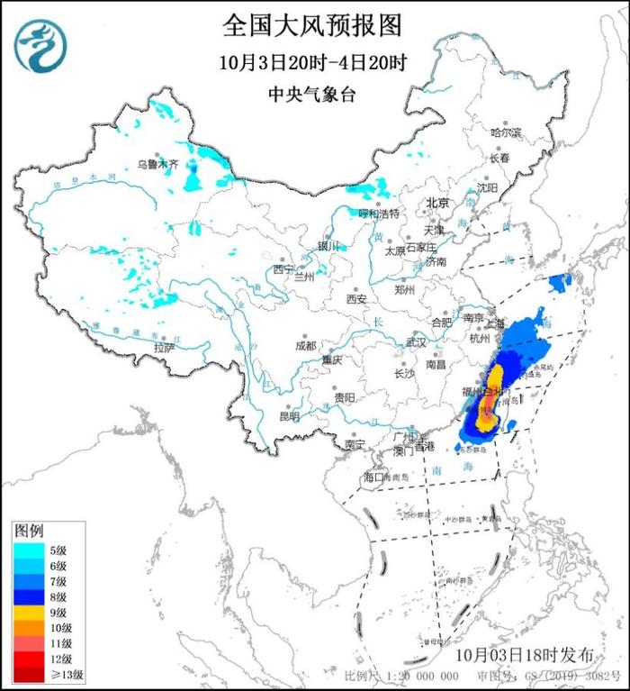 图2 全国大风预报图（10月3日20时-4日20时）