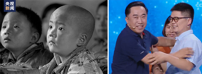 △“小光头”张天义，右为张天义与解海龙拥抱。