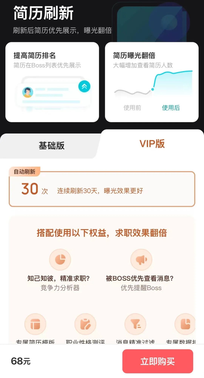 BOSS直聘的简历刷新服务 / 图源：BOSS直聘APP