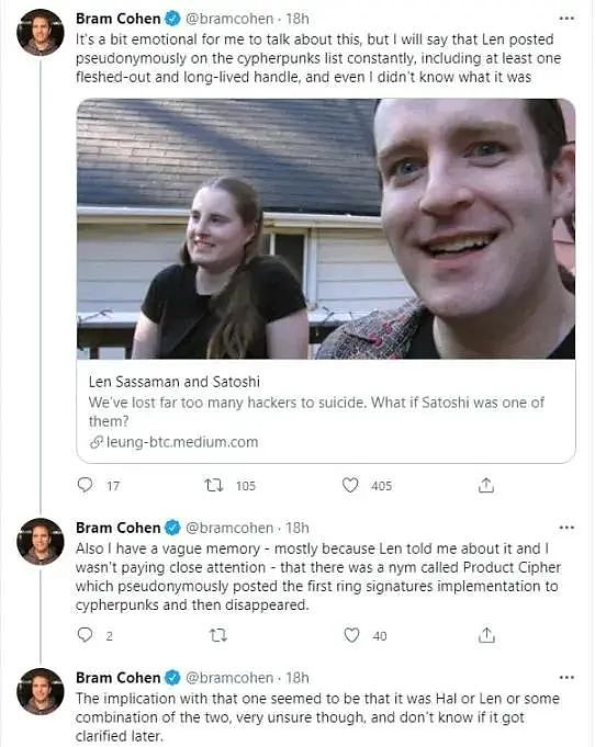 布拉姆・科恩对本文的回应，暗示他和哈尔・芬尼可能曾以假名合作