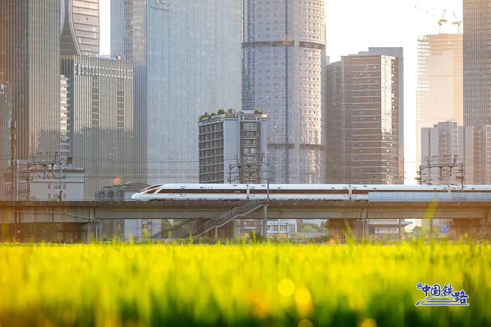　　复兴号行驶在高楼与田野间，构成一幅充满活力与希望的和谐画卷。陈迪亚 摄