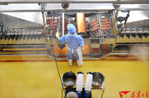位于福州新区元洪功能区的胜田（福清）食品有限公司自动化烤鳗车间内，员工正在生产鳗鱼深加工出口产品。福建日报记者 林辉 摄