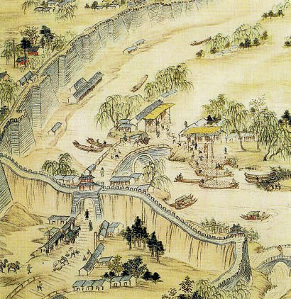 元代通惠河修好后，从江南出发的漕船可以直达大都（北京）的积水潭。图为当时通惠河漕运的情景。