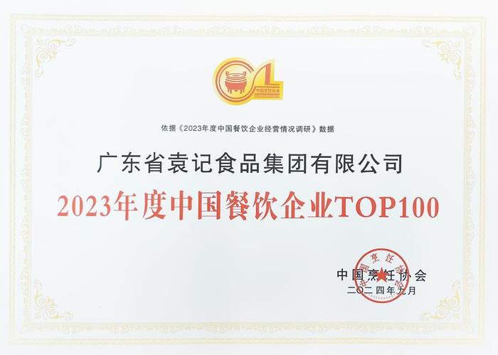 (袁记食品集团荣获“中国餐饮企业TOP100”)