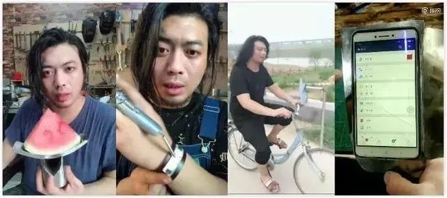 耿帅的发明。从左到右：西瓜接汁器、脑瓜崩辅助器、自行车风扇、翻盖菜刀手机壳。图源：北京日报