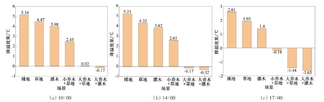 图4 不同植被类型在块状绿地（50m×50m）空间配置的降温效果