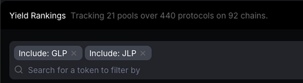 DefiLlama截图显示包含GLP和JLP收益的池子数量和协议数量