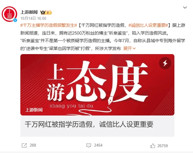 ▲听泉鉴宝被指学历造假，图源上游新闻