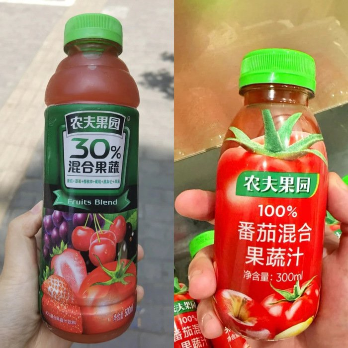 农夫果园番茄汁旧版（左）和新版（右）；图片来源：小红书@盼老板的铲屎官、农夫山泉生活馆
